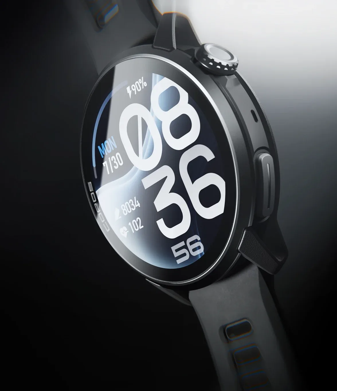 Close-up COROS PACE 4 Pro hitam dengan bezel titanium dan butang mahkota