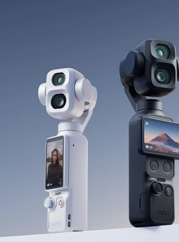 DJI Osmo Pocket 4P in Pearl White next to the black version