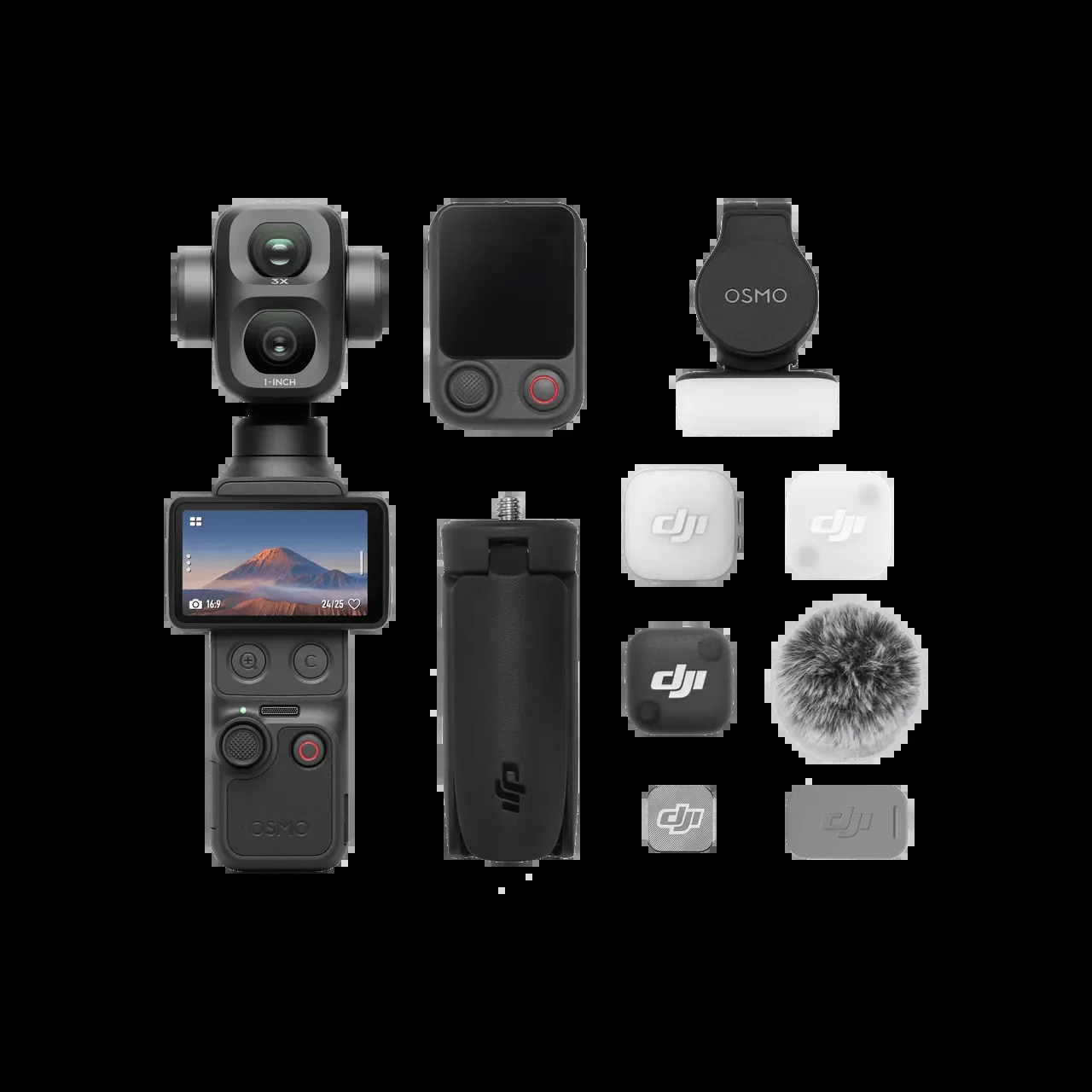 DJI Osmo Pocket 4P Vlog Combo contents (black version) including the camera, mic, remote and mini tripod