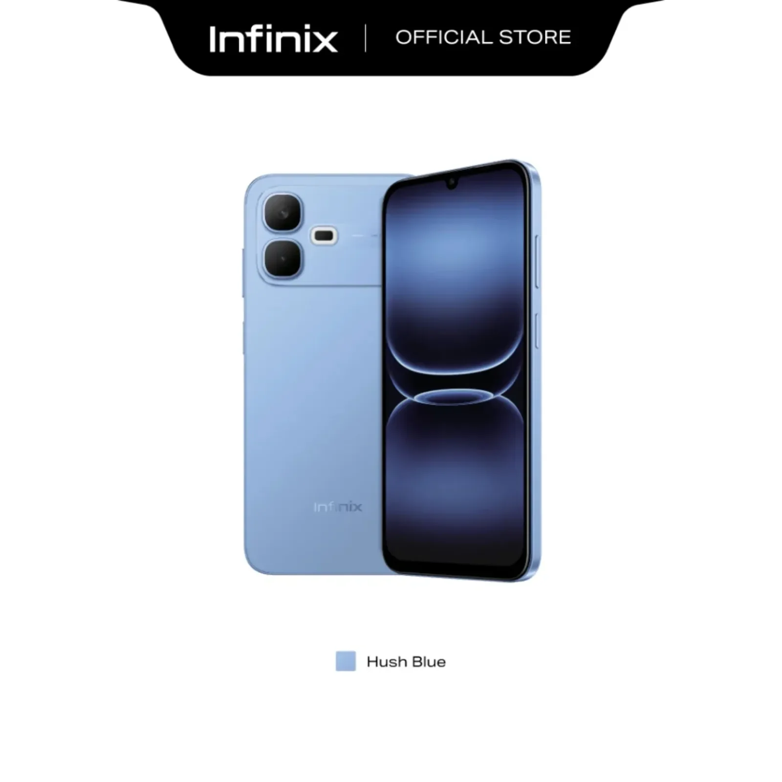 Infinix SMART 20e in Hush Blue, front and back view