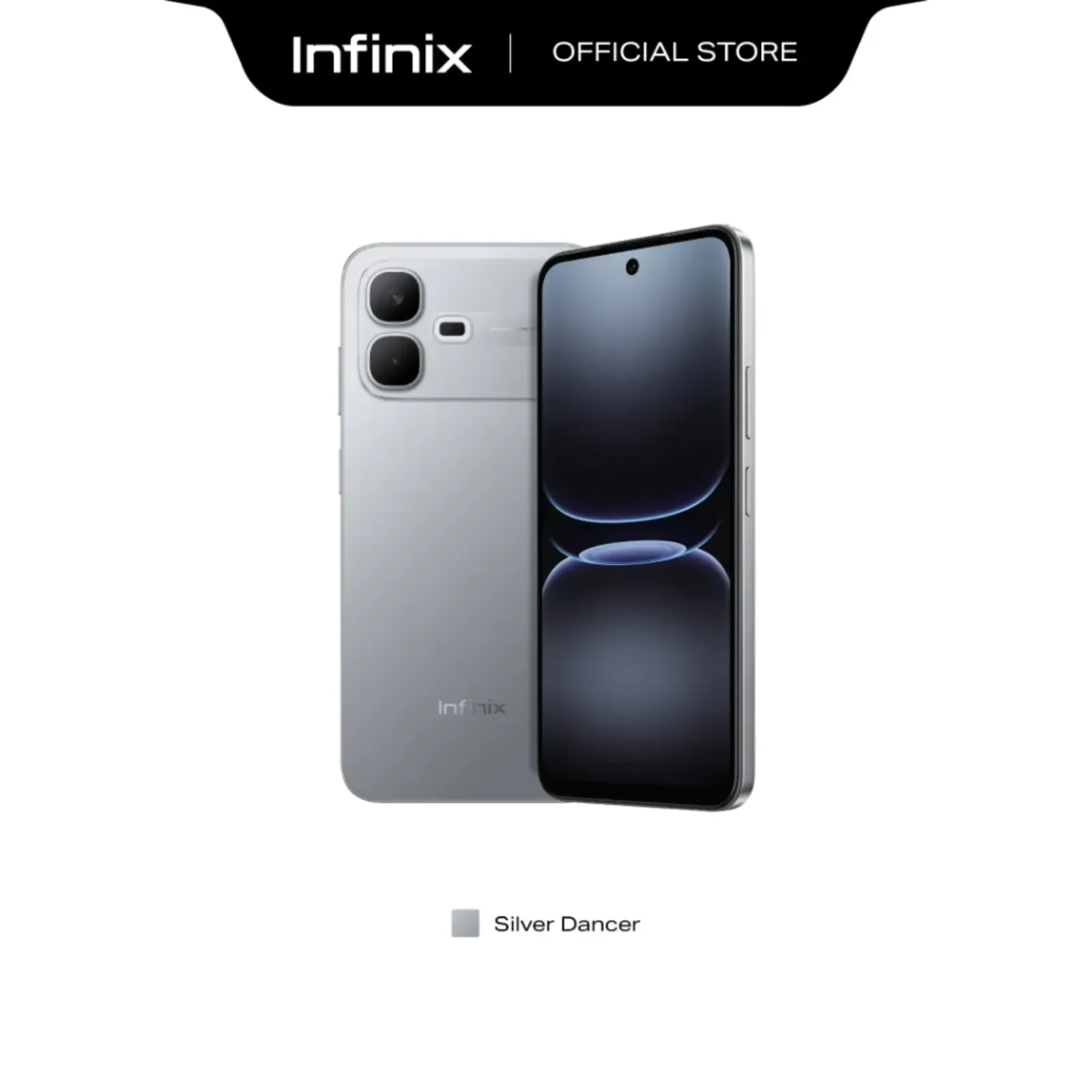 Infinix SMART 20e in Silver Dancer, front and back view