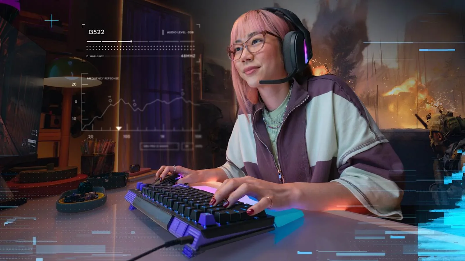 Gamer perempuan memakai headset Logitech G522 dan bermain dengan keyboard Logitech G yang menyala
