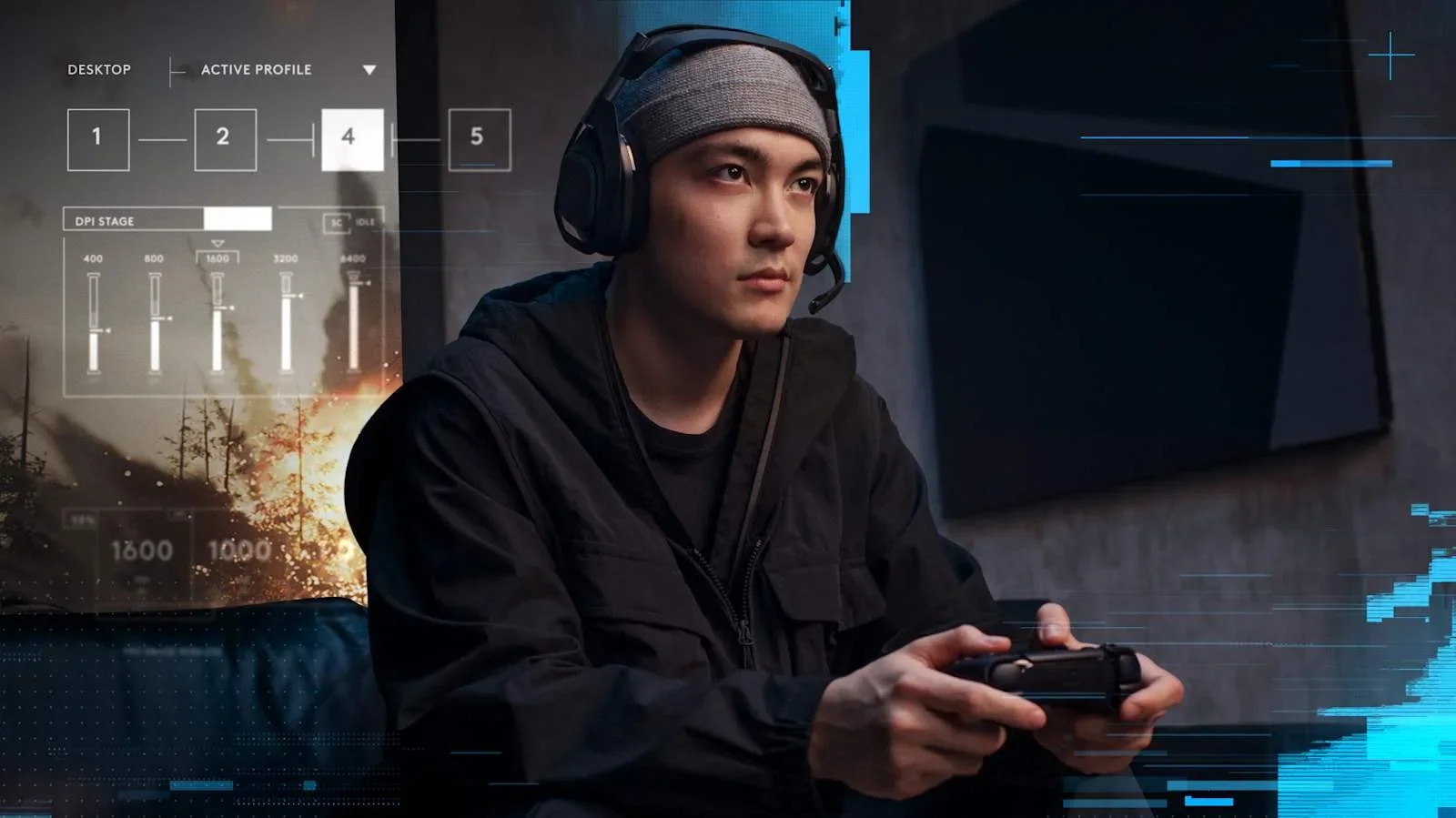 Pemain lelaki memakai headset dan memegang controller sambil bermain di depan skrin