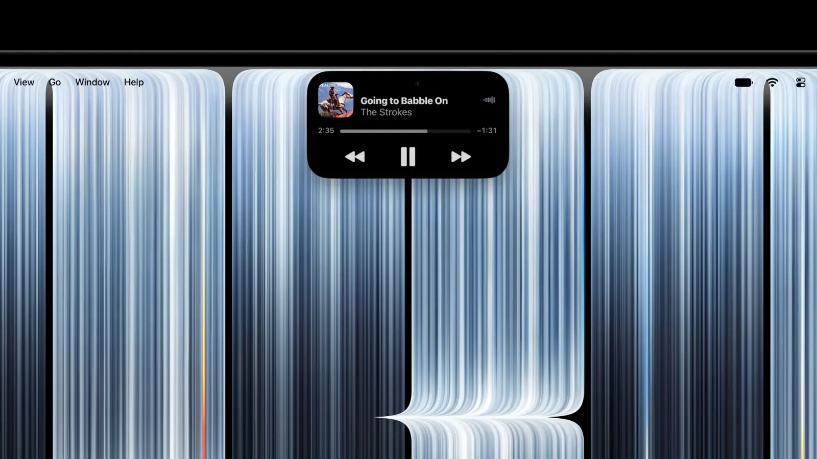 Gambar: Apple Close-up Dynamic Island di MacBook Pro PROLED XDR memaparkan lagu dimainkan di Apple Music