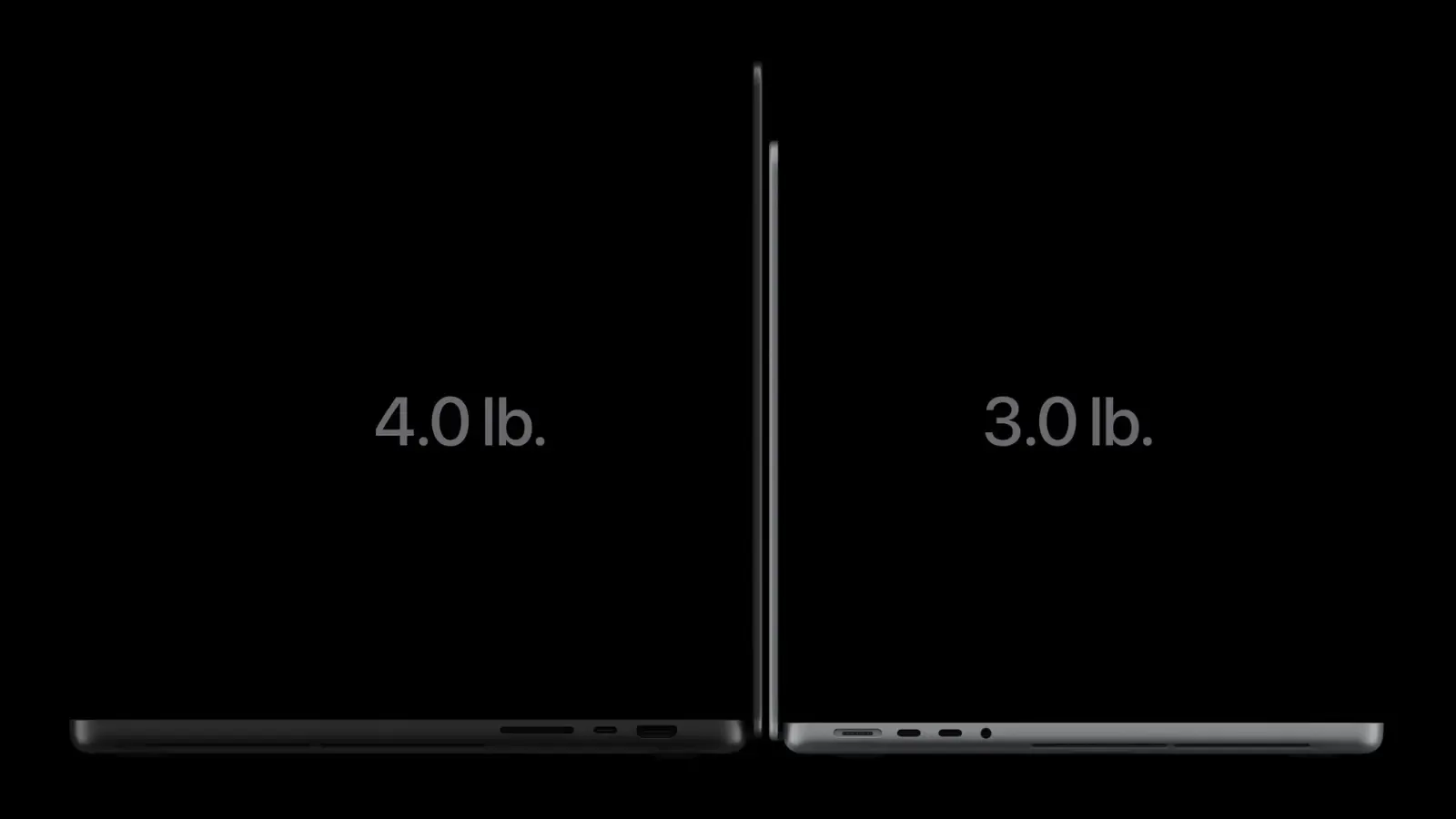 Gambar: Apple Dua MacBook Pro PROLED XDR dari sisi, 16 inci 4.0 paun dan 14 inci 3.0 paun
