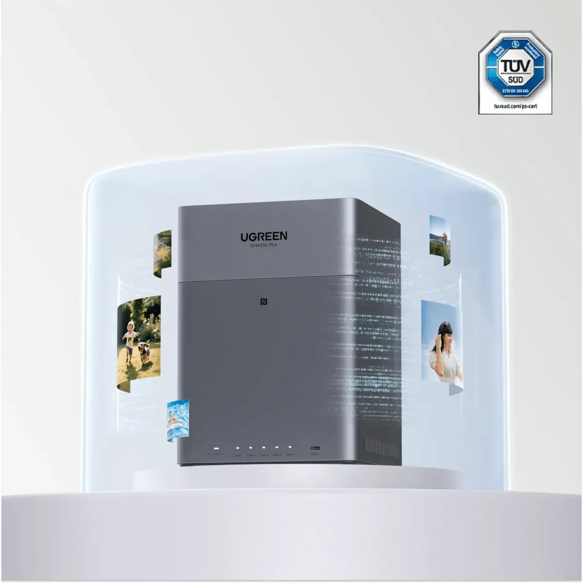 Image: UGREEN Illustration of the UGREEN NASync DH4300 Plus surrounded by photos inside a shield, showing data stored locally