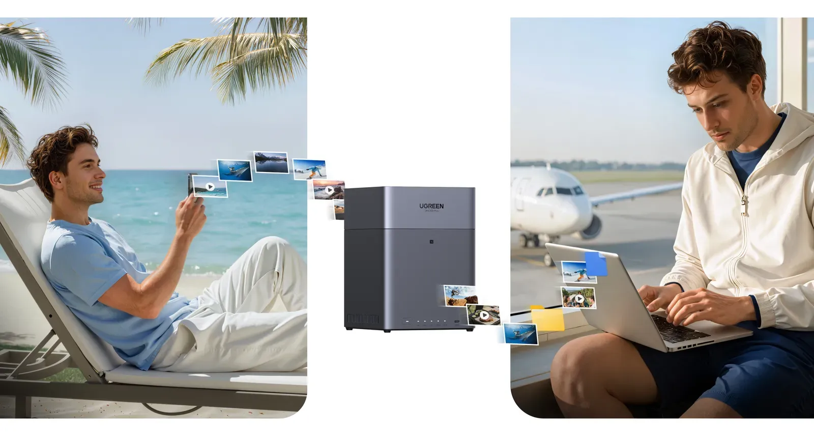 Image: UGREEN Users accessing photos from a UGREEN NAS while on holiday at the beach and at the airport