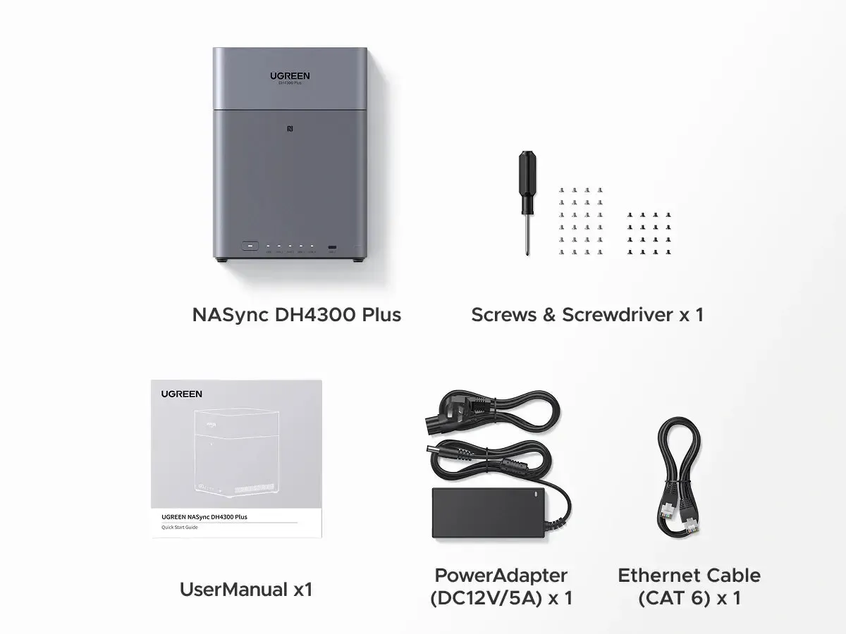 Image: UGREEN UGREEN NASync DH4300 Plus box contents: NAS unit, screws and screwdriver, user manual, power adapter and Ethernet cable