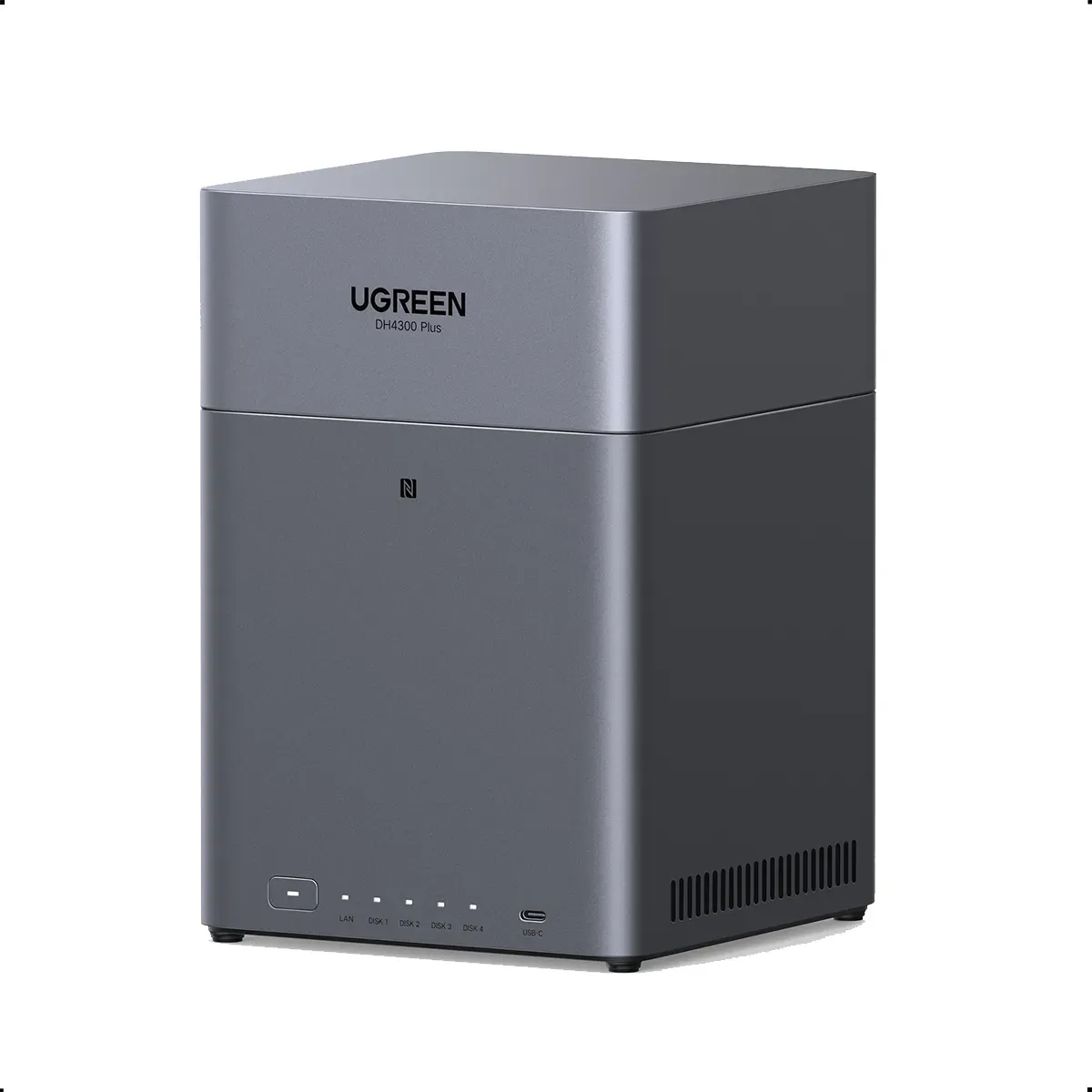 Image: UGREEN UGREEN NASync DH4300 Plus, a grey 4-bay NAS with the UGREEN logo on the front