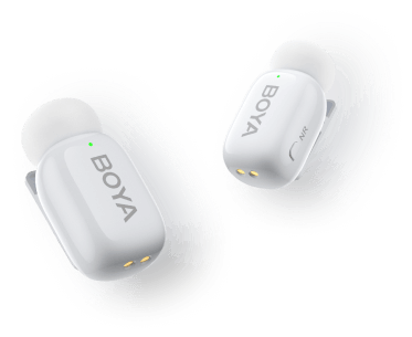Two white BOYA Mini mic units with clips and green status lights